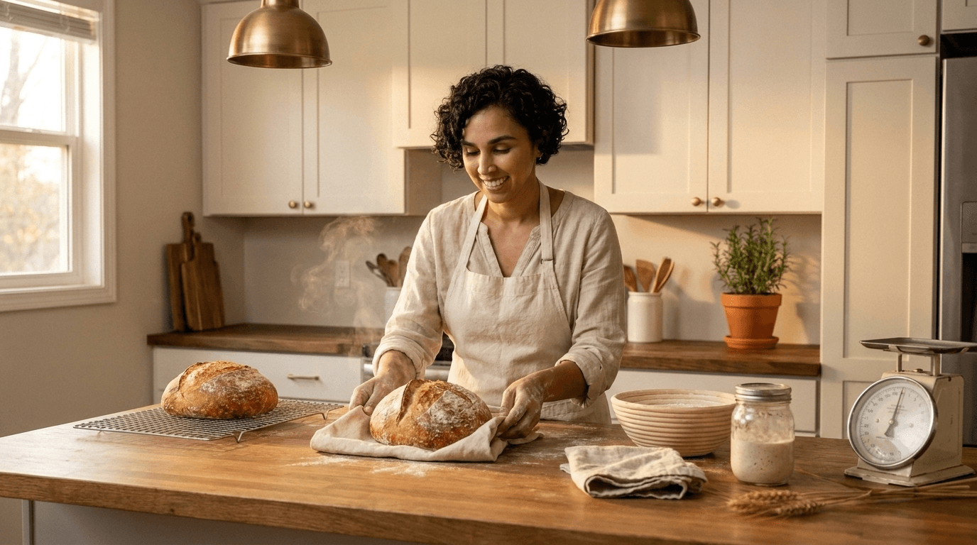 Daly Roman placing a freshly baked sourdough loaf on her kitchen island